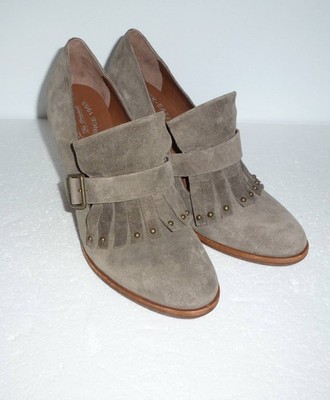 Kork-Ease Grey Leather Suede Kiltie Block Heel Studded Shoes K63422 - Women 10M