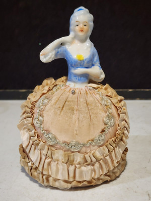 Antique Pin Cushion Porcelain Half Doll Satin & Lace Figurine