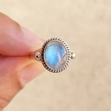 Natural Rainbow Moonstone Ring 925 Sterling Silver | Boho Raw Statement Jewelry