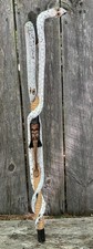 Hand Carved Folk Art Walking Stick Snake Staff Tribal Face Wood Serpent Cane