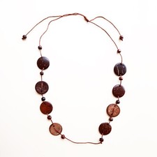 Vintage Wooden Disc Bead Necklace - Earthy Brown Adjustable Boho Style