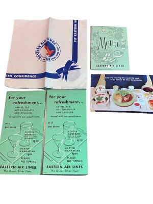 Vtg Lot of 1955 Eastern Airlines Menu Food Service Silver Fleet items napkin MCM