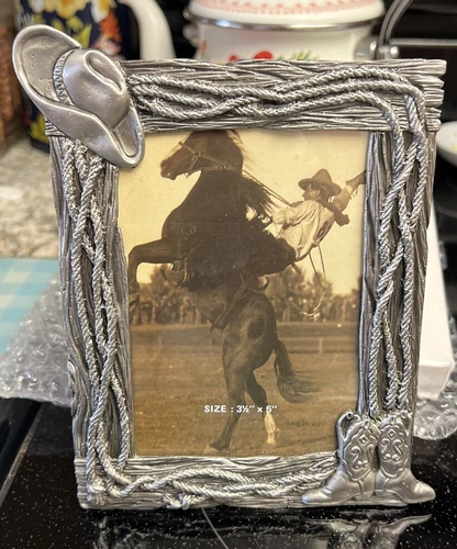 Western Theme Cowboy Picture Frame. Silver Metal. Holds 3 X 5 Photo New In Box