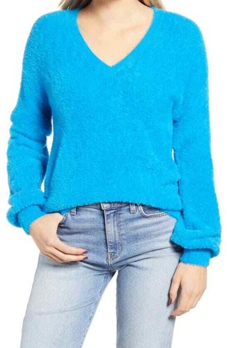 Halogen Fuzzy V-neck Sweater FURRY KNIT 