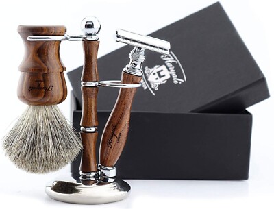 3 Piece Wooden Shaving Kit with Double Edge Safety Razor and Badger ...
