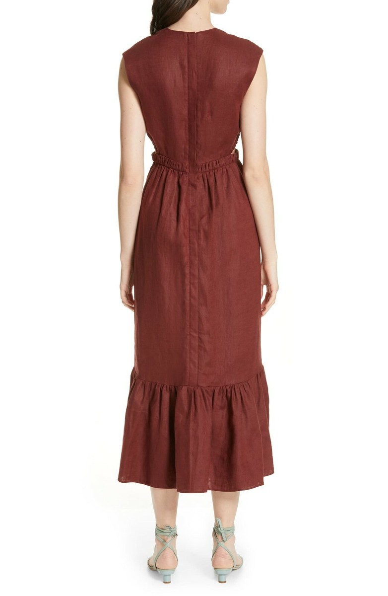 TIBI Burgundy Cutout Waist Summer Linen Canvas Ruffle Hem Midi Maxi Dress  12 = L | eBay