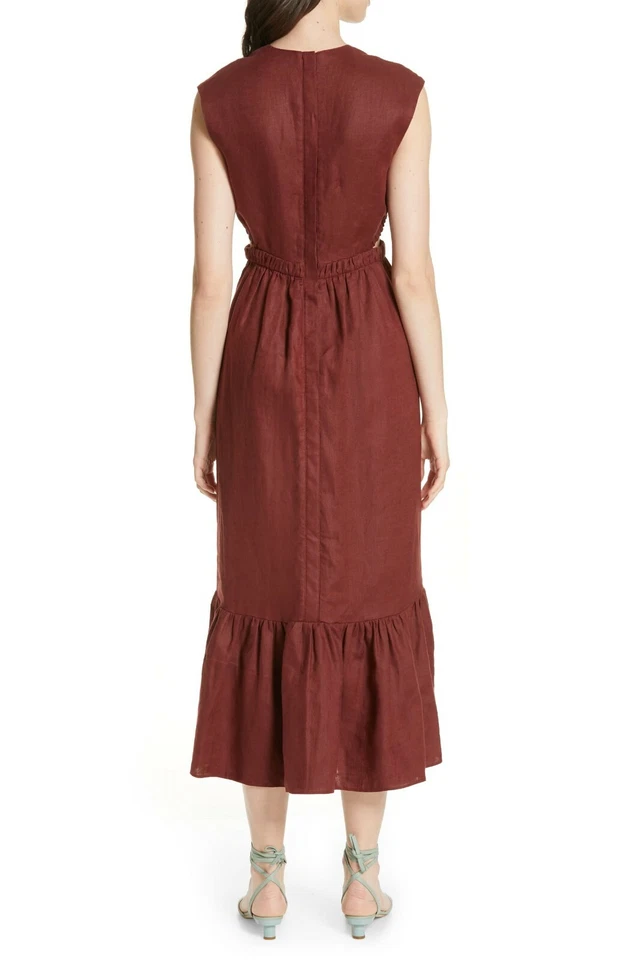 Maxi Vestido TIBI Borgoña Corte Cintura Verano Lino Lona Volantes Dobladillo Midi 12 = L Foto 3 de 4