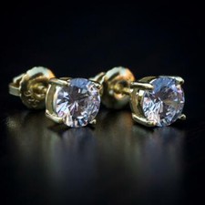 14K Gold Plated Princess Cut CZ Round Screw Back Sterling Silver Stud Earrings