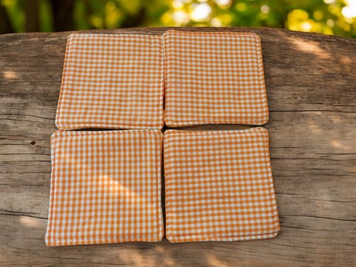 Fabric Coasters Set Of 4 Reversible Sunflowers and Orange Gingham - Picture 4 of 5