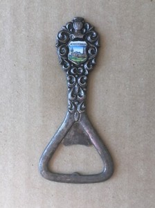Vintage WEINHEIM/BERGSTR (Germany) Metal Bottle Opener w/Town Scene, 3.5" Length