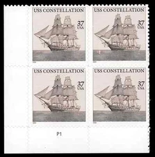 US Scott # 3869, U.S.S. Constellation, Plate Block of (4) 2004 37¢ Stamps, MNH