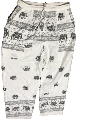 Thai Elephant Print White Drawstring Pants Unisex, Elastic Waist, Bought in Thai
