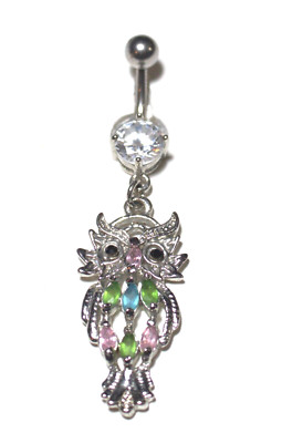 14g 3/8 Green Pink Blue Silver Owl VCH Naval Belly Ring Prong Set CZ Sexy Hot