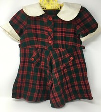 Vintage Girls Toddlers Plaid Red Green Dress With White Collar