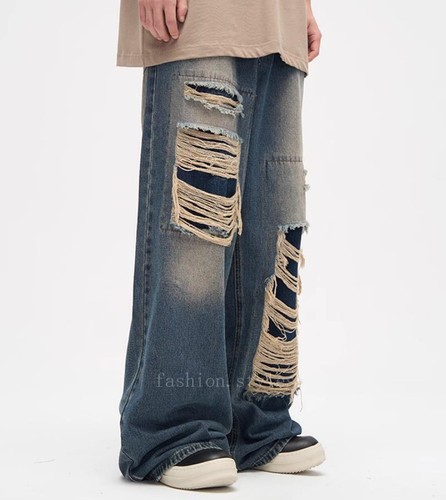 Men's Blue Black Denim Jeans Straight Leg Ripped Holes Pants Punk Hip Hop Casual - Picture 9 of 26
