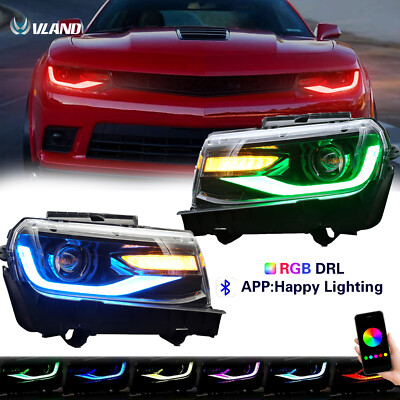 VLAND 2X LED RGB Colour Projector Headlight For 2014-2015 Chevrolet Chevy Camaro