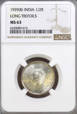 1939 B British India 1/2 Rupee Silver George VI MS63 Long Trefoils Uncirculated