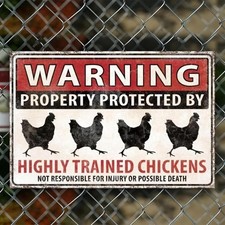 Metal Tin Sign Vintage Humorous Protected By Chickens Aluminum Sign 8x12