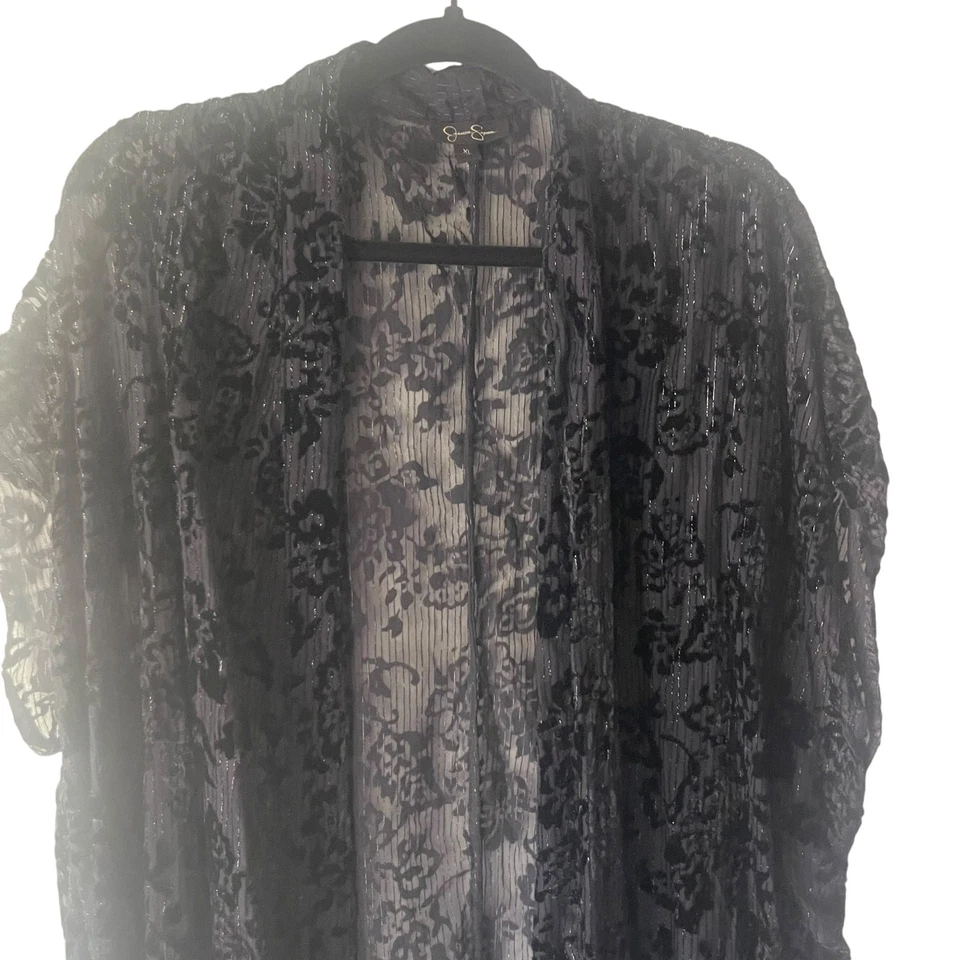 Jessica Simpson XL Witchy Velvet Fringe Metallic Open Front Cardigan Long Top - Image 2 of 4