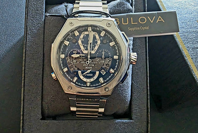 Bulova Precisionist Chronograph Quartz 300m 46mm Black Dial SS Bracelet Box