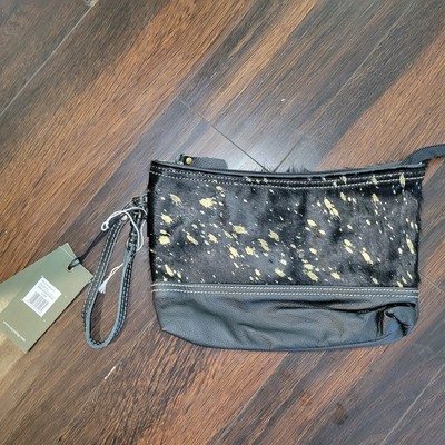 Myra Bag- Black & Gild Cow Hide Wristlet- Clutch Wallet 10'' X 7''H