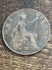 1910 UK Great Britain 1 One Penny Edward VII Bronze Rare Actual Coin TC1863*
