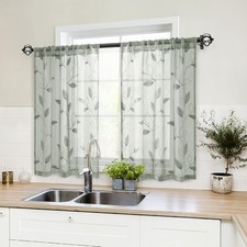 HOMEIDEAS Sage Green Sheer Kitchen Curtains 30 X 36 Inch Length 2 Panels Embroid