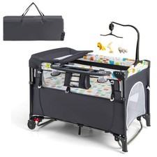 Grey Foldable Baby Playpen Bassinet Crib Toddler Bed Portable Music Box