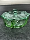 Depression Green Glass Relish Candy with cover Divided 6 3/8"   Dish unmarked
