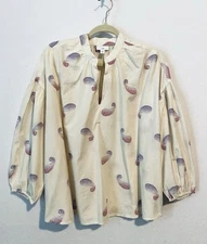 J Jill Top Womens Medium Ivory Paisley Split Neck Oversized Puffy Sleeve Boho