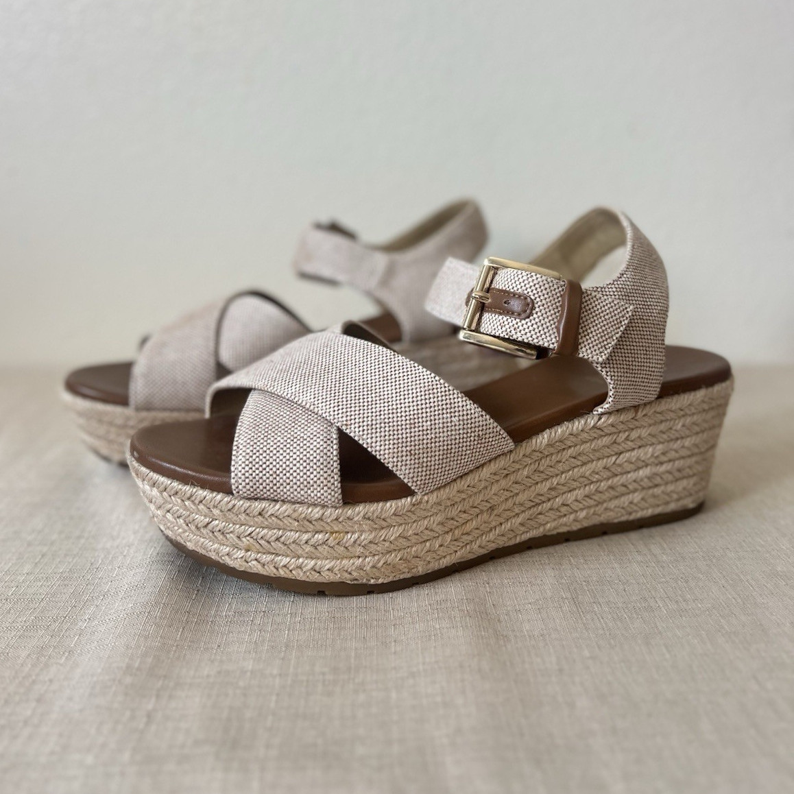 Michael Kors Women’s Beige Wedge Espadrille Sandals Ankle Strap Buckle 7.5