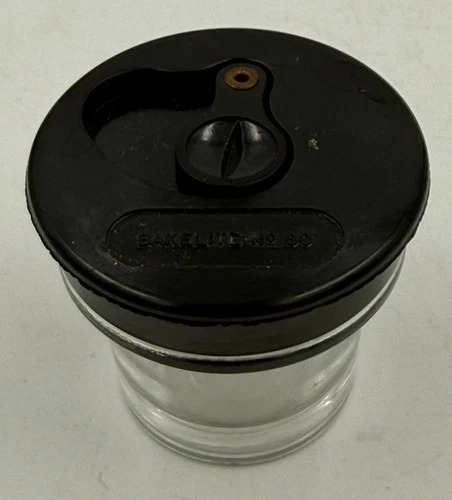 Black Bakelite School Desk Inkwell with Closing Top Cover No. 60 Glass Bottom