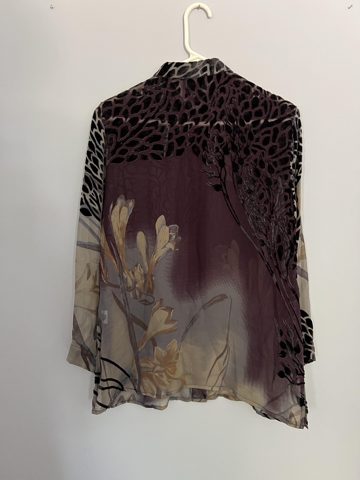 Citron Santa Monica Shirt Womens PM Purple Sheer Burnout Velvet Silk Floral
