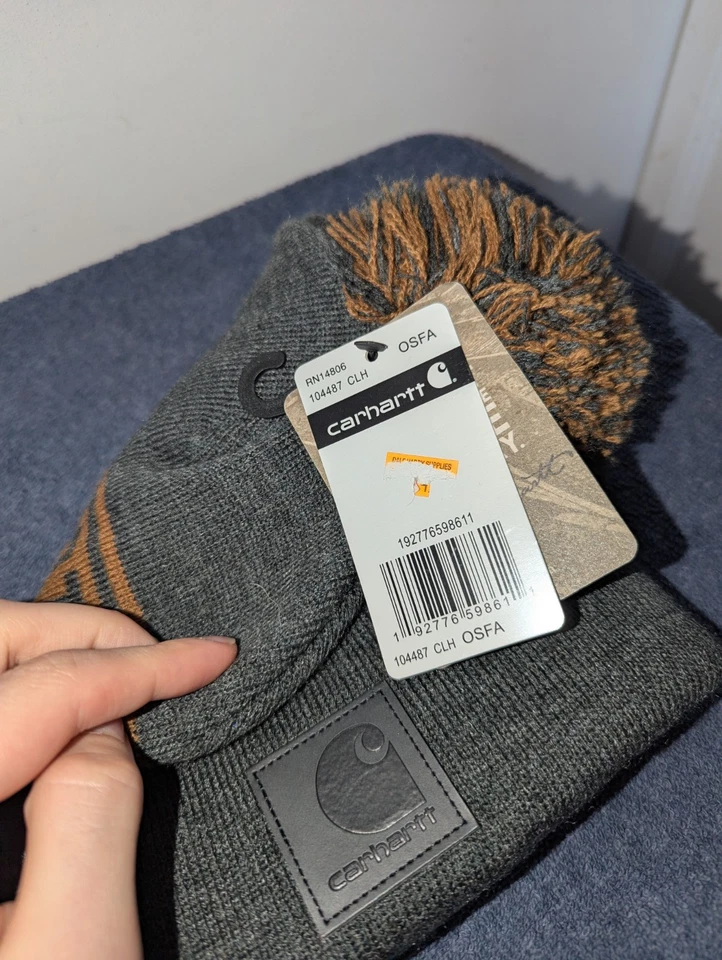 Gorro Carhartt Tejido Pom-Pom para Hombres Talla Única Marrón Gris Logo Puños Nuevo Foto 3 de 4