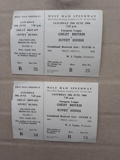 Speedway ticket stubs for GB vs Soviet Russia 1968 at West Ham stadium