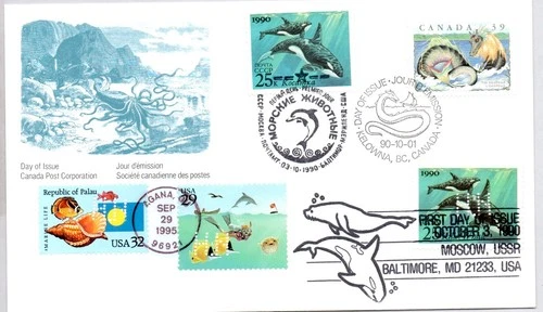 #2508 ORCA KILLER WHALE RUSSIA JOINT ISSUE #2999 PALAU NAKANO PERFINS CANADA FDC