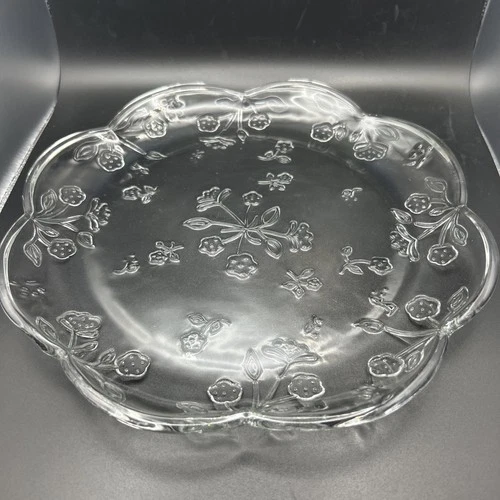 Anchor Hocking Savannah Clear Round Glass Dining Plate Floral Pattern Vtg 10”