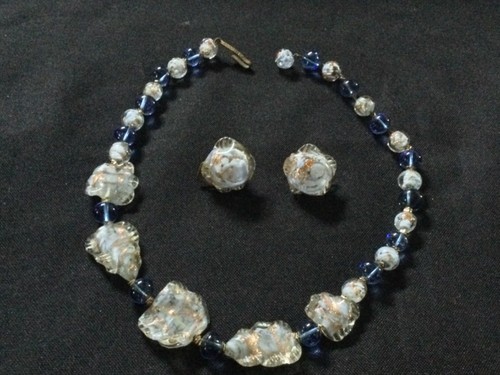 Vintage Murano Blue Art Glass Set Necklace & Clip-on Earrings Gold Floss Italy 