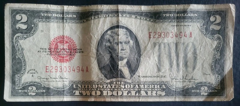 A Series 1928 D Two Dollar $2 Bill US Note Red Seal Legal Tender. Nice!