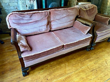Pink Velvet Scroll Arm Sofa Traditional Wooden Frame Brown Removable Cushions