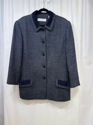 Valerie Stevens Pure Wool Tweed Jacket Blazer Size 16 Plus Navy Blue Vintage