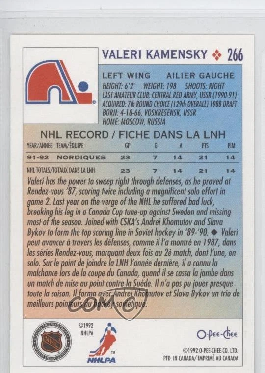 1992-93 O-Pee-Chee Valeri Kamensky #266 - Image 2 of 2