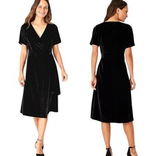 Ann Taylor Dress Womens Size 10 Black Midi Velvet Wrap Tie Short Sleeve Cocktail