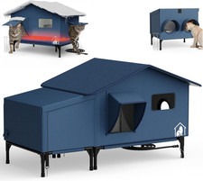 Outdoor Cat House  Feeding Station Combo, 35.5"X21"X16", Navy Blue Heated Feral
