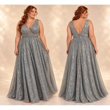 Prom Wedding Fairy Wedding Icy Blue Gold Metallic Rhinestones Maxi 21 Dress NWT