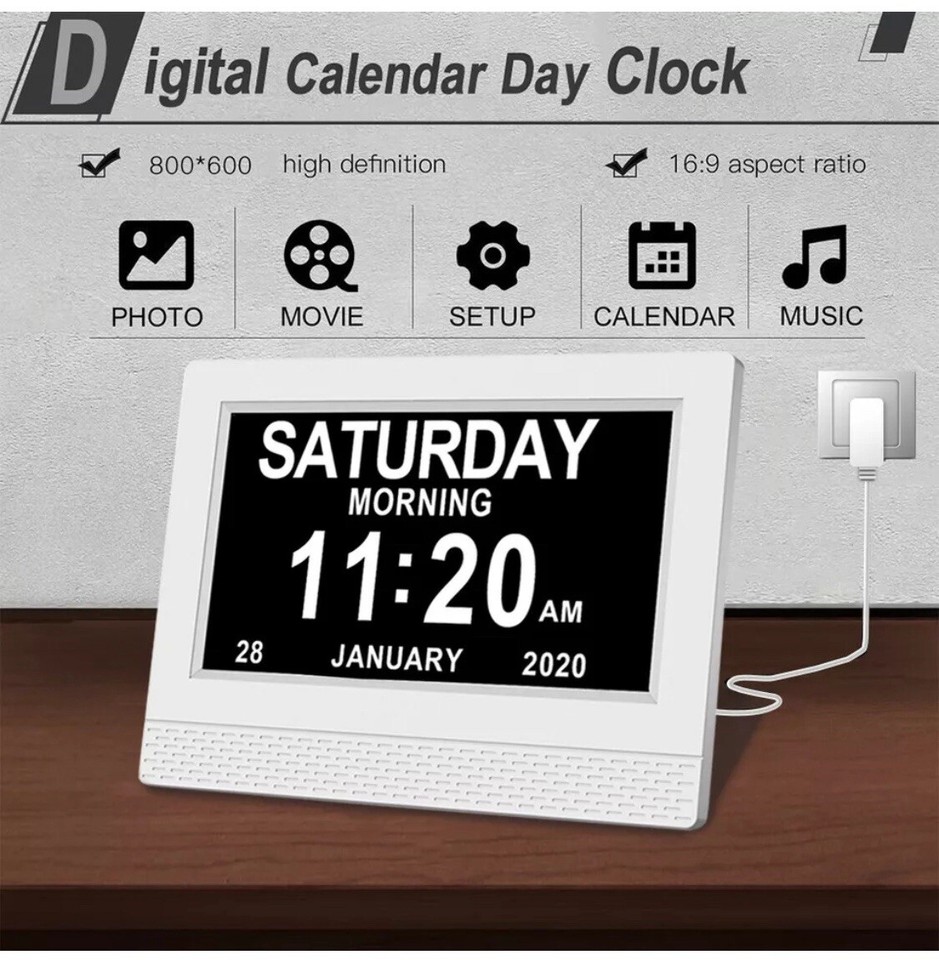 7"Digital Alarm Clock Calendar Datetime Memory Loss Dementia Elderly