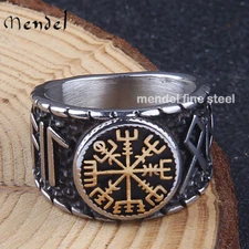 MENDEL Mens Stainless Steel Pagan Viking Vegvisir Rune Signet Ring Men Size 7-15