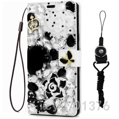 Black Flower Bow Bling Diamond Luxury Stand Leather Flip Wallet Women Phone Case