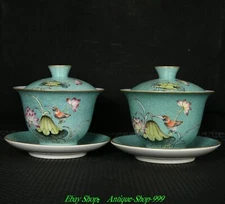 Qianlong Marked Green Colour Enamel Porcelain Gilt Lotus Bird Tea Cup Plate Pair