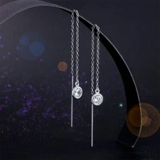 One Line Threaders Bezel Set Simulated Diamond Drop 925 Silver Bridal Earrings
